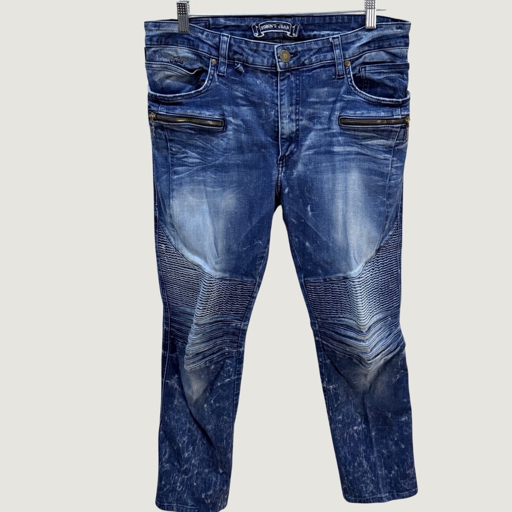 Robin's Jean Mens Blue Denim Biker Moto Jeans Zipper Detail Size 36 USA Made